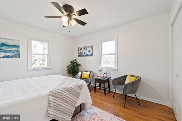 bedroom with ceiling fan, a closet, multiple windows, and light hardwood / wood-style floors