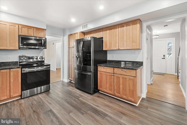 kitchen featuring hardwood / wood-style flooring, dark stone countertops, and stainless steel appliances