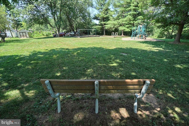 view of yard featuring a storage shed and a playground