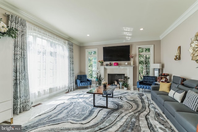 living room with ornamental molding, light tile patterned floors, and a healthy amount of sunlight