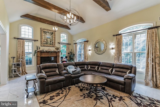 living room featuring a healthy amount of sunlight, vaulted ceiling with beams, and a notable chandelier