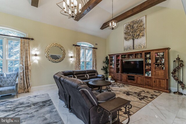 living room featuring vaulted ceiling with beams and a chandelier