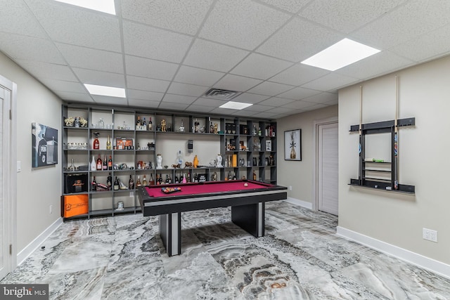 rec room featuring a paneled ceiling and billiards