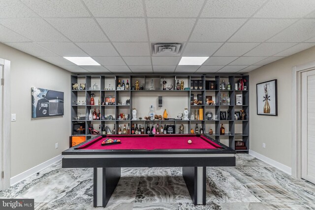 game room featuring a paneled ceiling and pool table