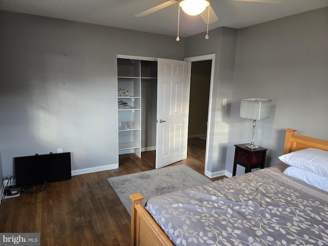 bedroom featuring ceiling fan, dark wood-type flooring, and a closet