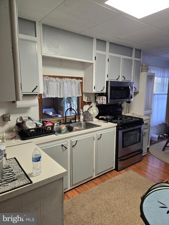 kitchen featuring appliances with stainless steel finishes, a drop ceiling, gray cabinetry, sink, and light hardwood / wood-style flooring