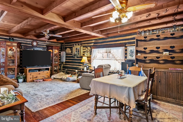 dining space with ceiling fan, wood ceiling, beam ceiling, and wood-type flooring