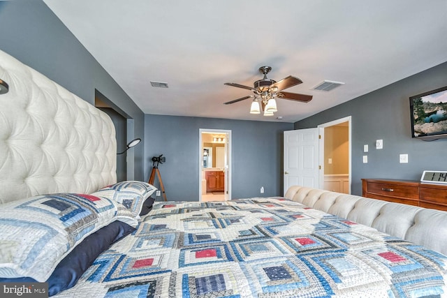 bedroom with ceiling fan and ensuite bathroom