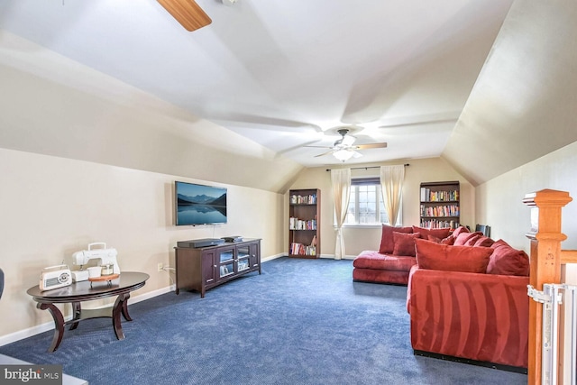 living room with dark carpet, ceiling fan, and lofted ceiling