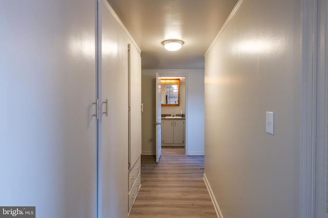 hall with baseboards and light wood-style floors