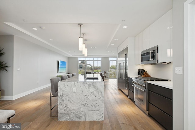 kitchen featuring light wood-type flooring, sink, pendant lighting, a center island with sink, and high quality appliances