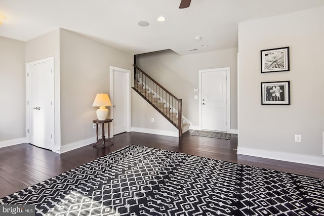 entrance foyer featuring wood finished floors, recessed lighting, baseboards, ceiling fan, and stairs