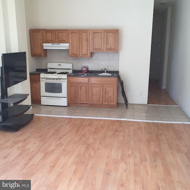 kitchen with decorative backsplash, light wood-type flooring, sink, and gas range gas stove