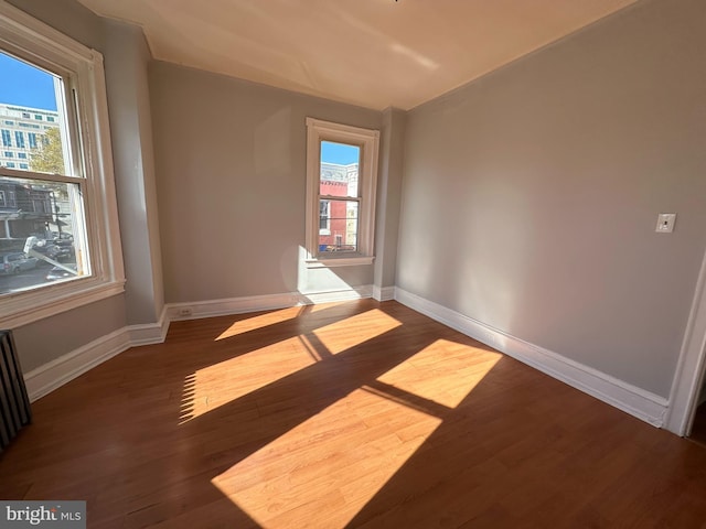 unfurnished room featuring a healthy amount of sunlight, baseboards, and wood finished floors