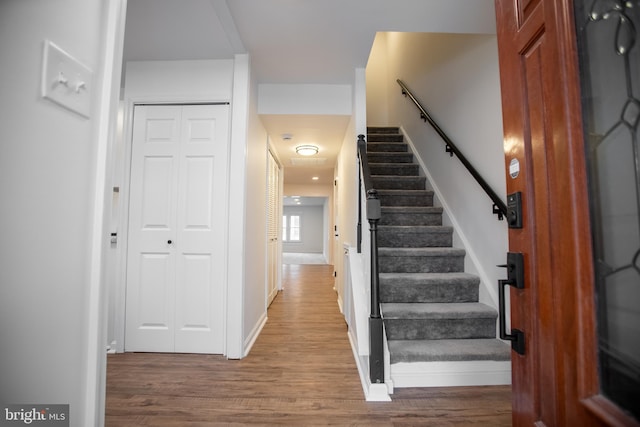 staircase with hardwood / wood-style flooring