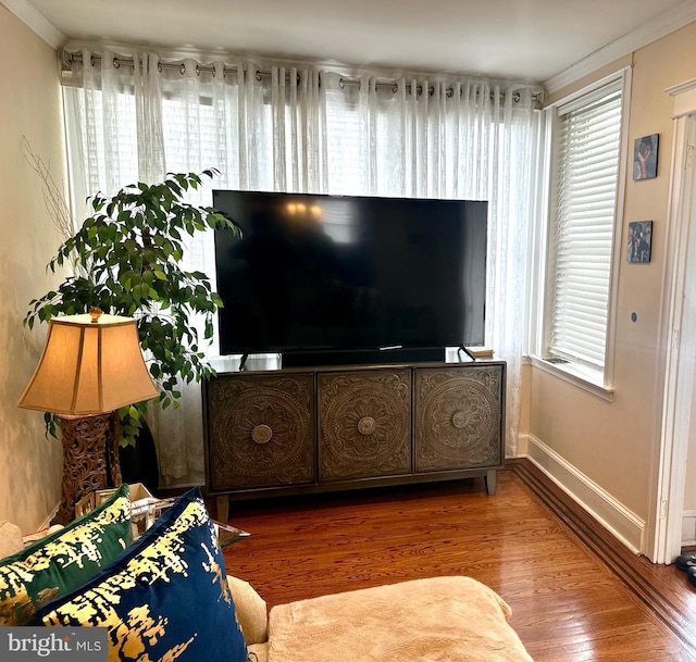 living room with crown molding, hardwood / wood-style floors, and a healthy amount of sunlight