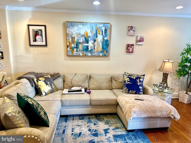 living room with hardwood / wood-style floors and ornamental molding