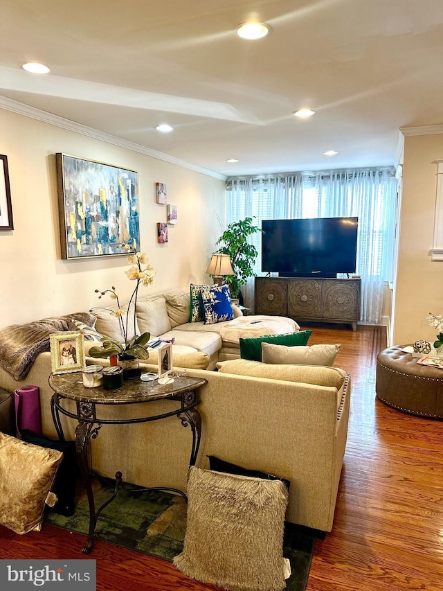 living room featuring crown molding and wood-type flooring