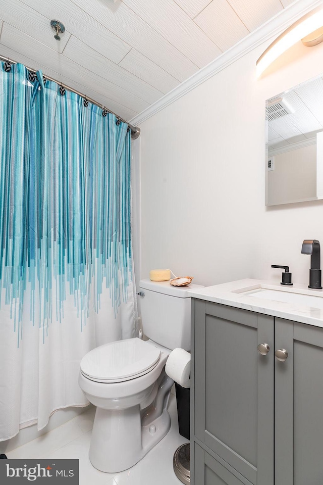 bathroom with vanity, toilet, ornamental molding, and wooden ceiling