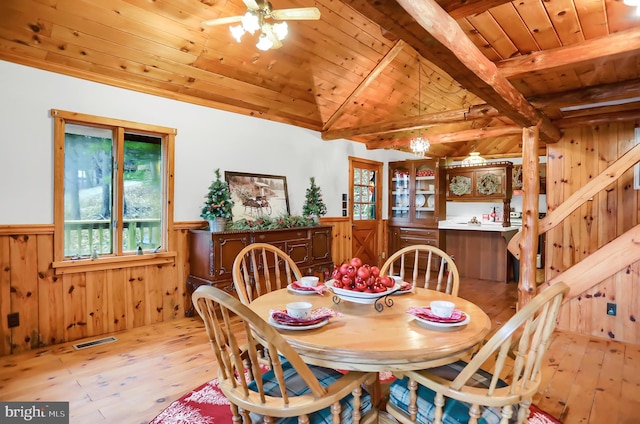 dining area with ceiling fan, wooden ceiling, lofted ceiling with beams, wood walls, and light hardwood / wood-style floors