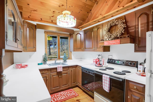 kitchen with sink, wooden ceiling, vaulted ceiling, decorative light fixtures, and white appliances