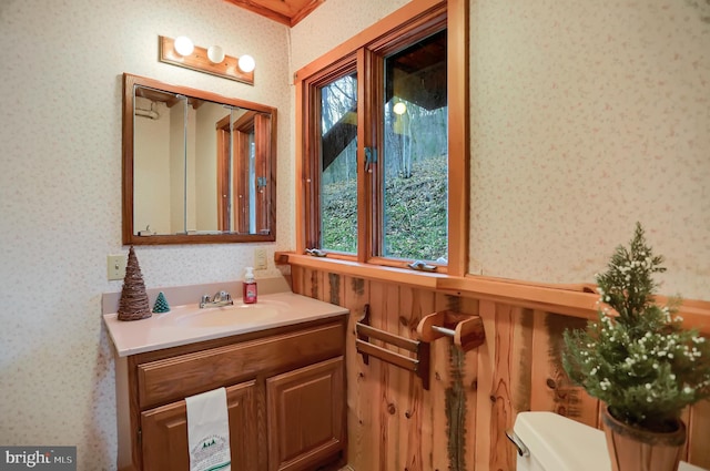 bathroom featuring vanity, toilet, and a healthy amount of sunlight