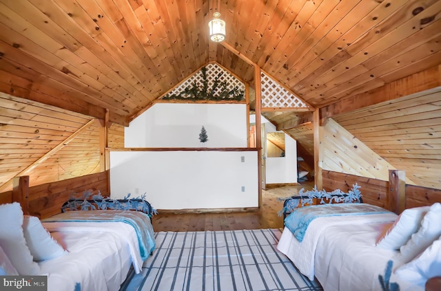 bedroom with wood walls, wooden ceiling, and lofted ceiling