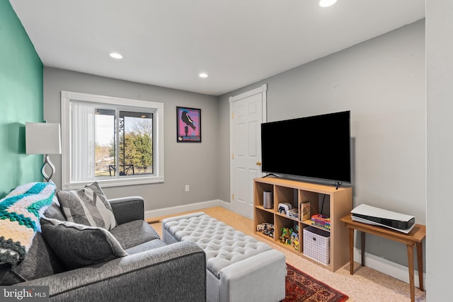 living room featuring light carpet