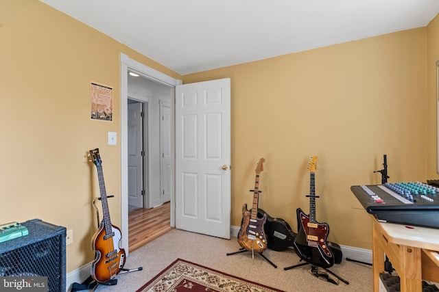 miscellaneous room featuring light colored carpet