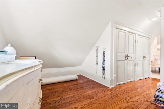 bathroom featuring hardwood / wood-style floors and vaulted ceiling