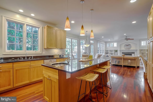 kitchen with a center island with sink, sink, a breakfast bar area, and hanging light fixtures