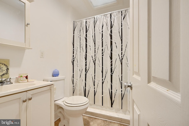 bathroom with toilet, vanity, and a shower with shower curtain