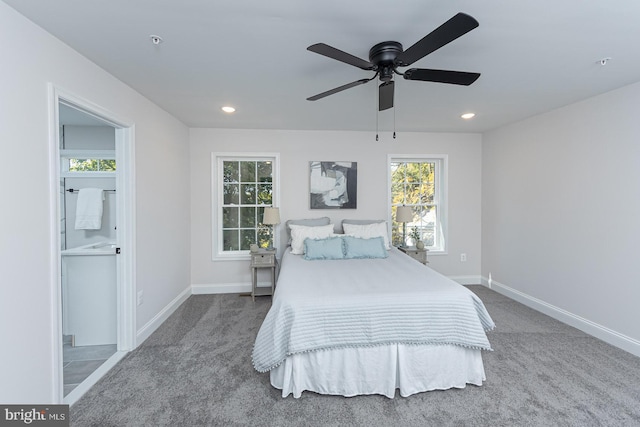 carpeted bedroom featuring ceiling fan