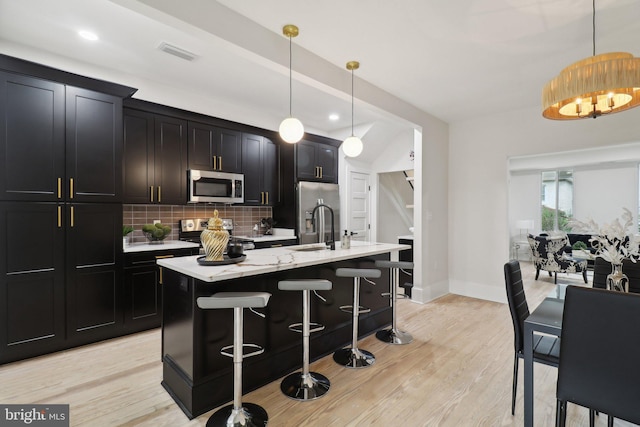 kitchen with pendant lighting, backsplash, stainless steel appliances, and a kitchen island with sink