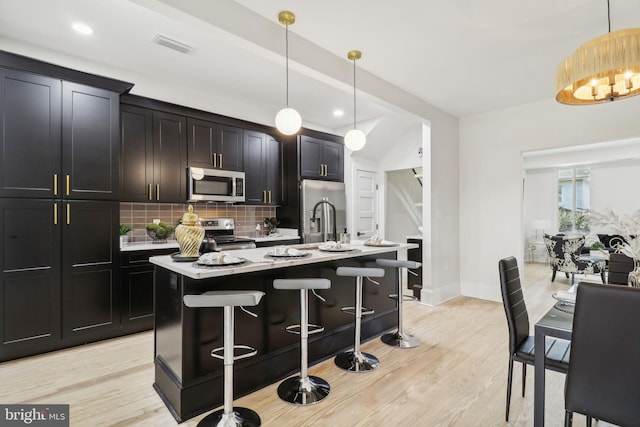 kitchen with stainless steel appliances, light hardwood / wood-style flooring, hanging light fixtures, and an island with sink