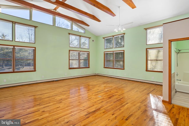 interior space with light hardwood / wood-style flooring, beamed ceiling, a notable chandelier, and high vaulted ceiling