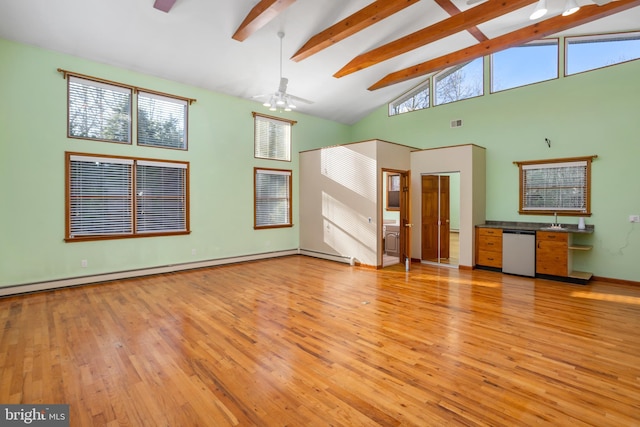 unfurnished living room with ceiling fan, beamed ceiling, high vaulted ceiling, a baseboard heating unit, and light wood-type flooring