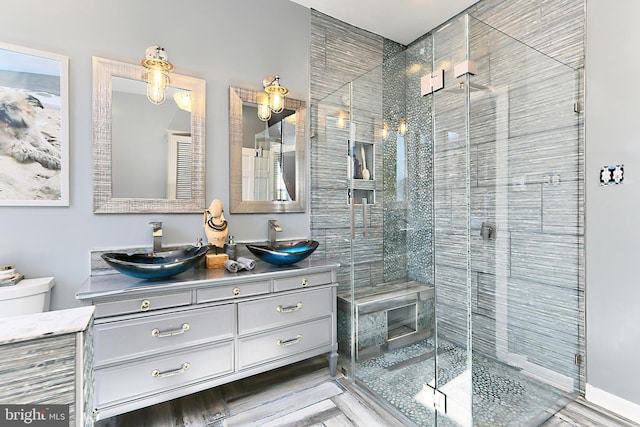 bathroom with a shower with door, vanity, and wood-type flooring