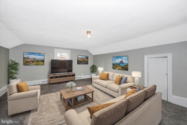 living room featuring carpet, a textured ceiling, and vaulted ceiling