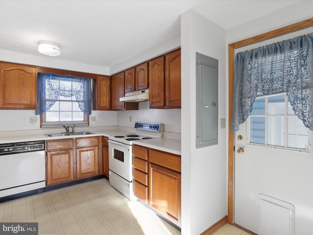 kitchen featuring sink, electric panel, and white appliances