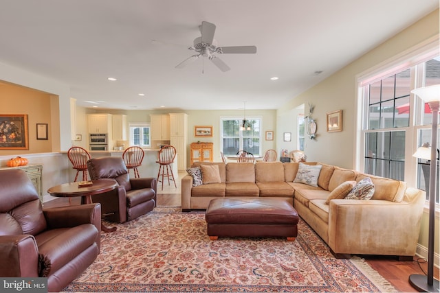 living room with hardwood / wood-style floors and ceiling fan