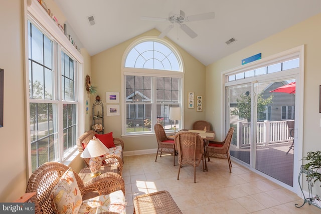 sunroom / solarium with vaulted ceiling and ceiling fan