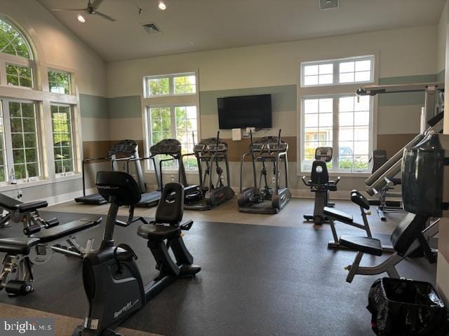 gym with lofted ceiling