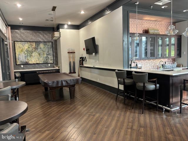 recreation room with dark wood-type flooring and billiards