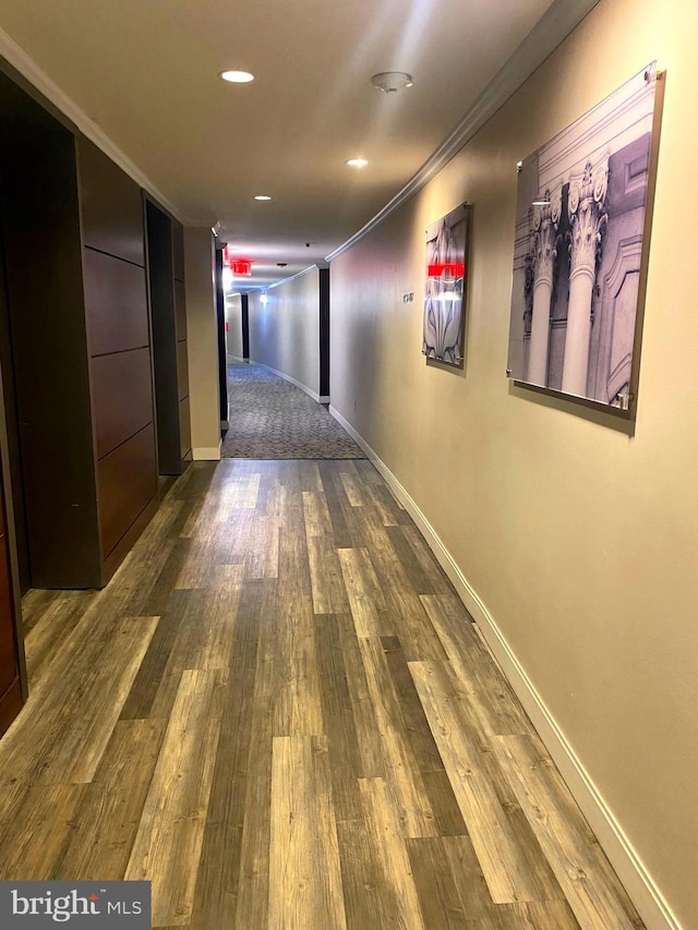 hallway featuring hardwood / wood-style floors and crown molding