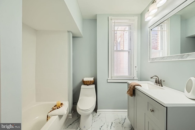 full bathroom featuring marble finish floor, vanity, toilet, and baseboards