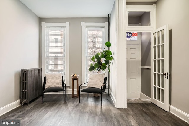 living area with dark wood-type flooring, radiator heating unit, and baseboards