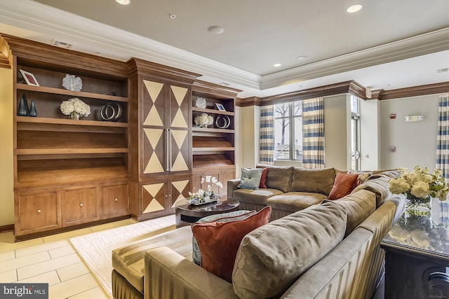 living room featuring light tile patterned floors and ornamental molding