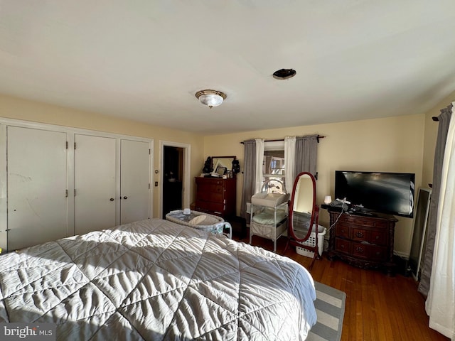 bedroom featuring dark hardwood / wood-style flooring and two closets