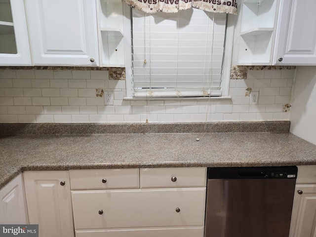 kitchen with dishwasher, decorative backsplash, and white cabinetry